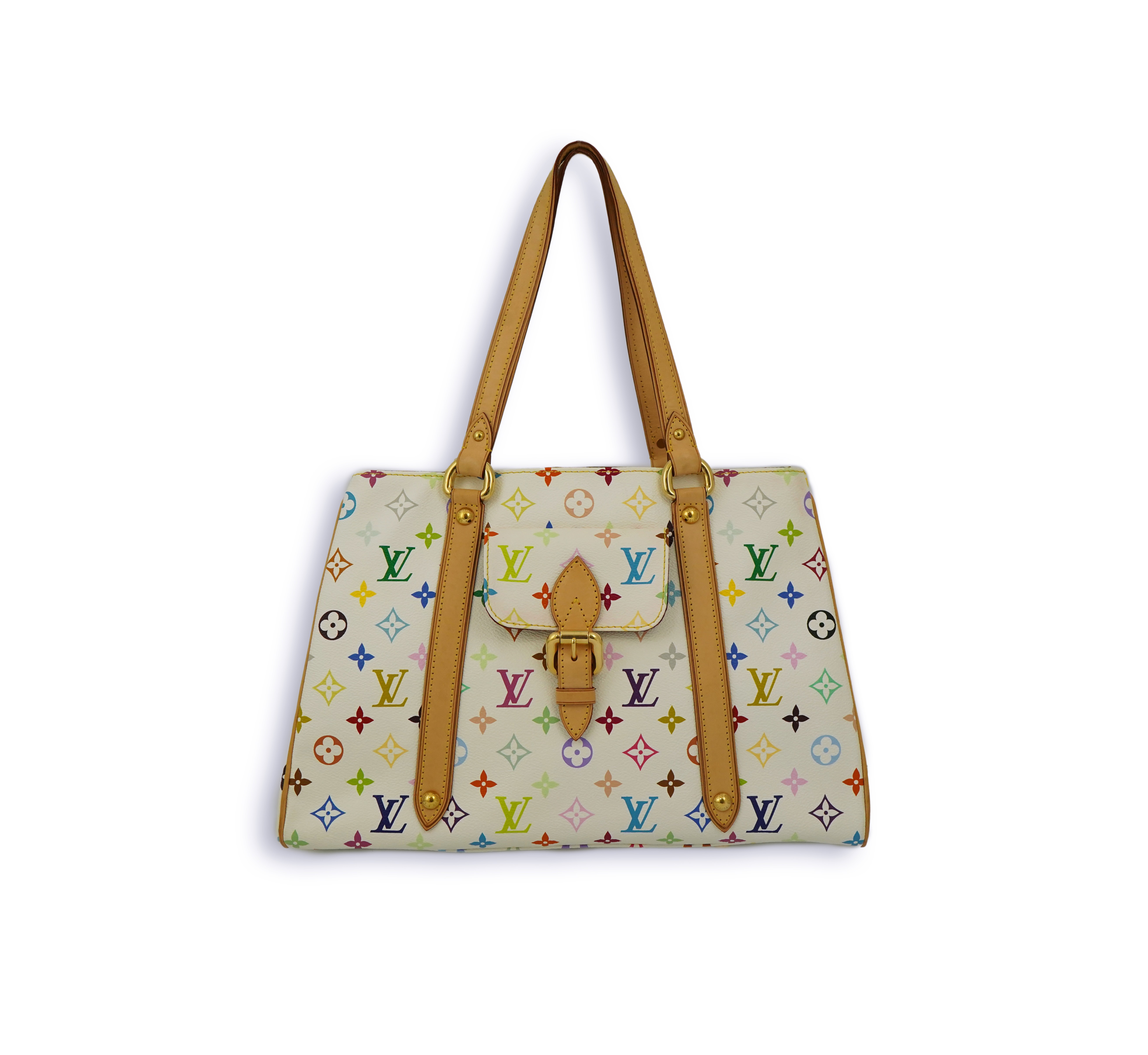 A Louis Vuitton x Takashi Murakami white / monogram multicolour coated canvas handbag with natural cowhide trim